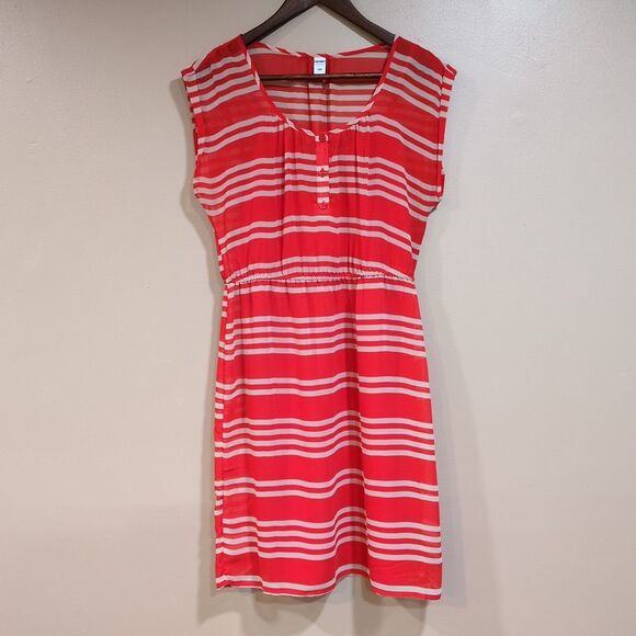 Old Navy Red White Striped Dress Size Small Sheer Short Sleeve Button Coastal - Picture 1 of 8